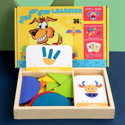 Magnetska drvena tangram igračka s engleskim karticama, početnička razina