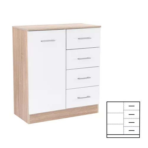 Komoda Miami, 1 vrata, 4 ladice, 80x92 cm, bijela-Sonoma hrast