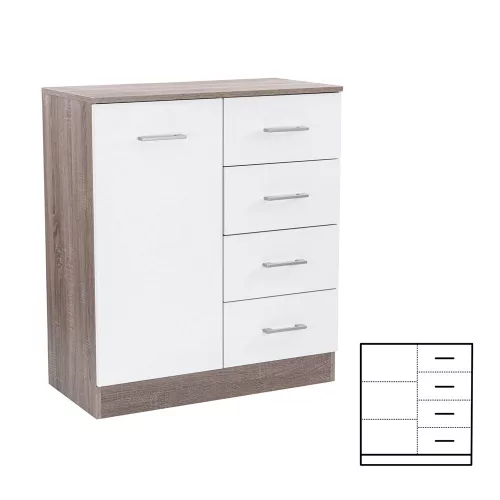 Komoda Miami, 1 vrata, 4 ladice, 80x92 cm, bijela-York hrast