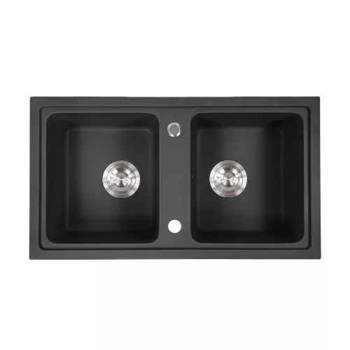 Granitna dvostruka umivaonika četvrtastog presjeka s sifonskim odvodom, crna