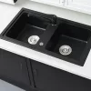 Granitna dvostruka umivaonika četvrtastog presjeka s sifonskim odvodom, crna